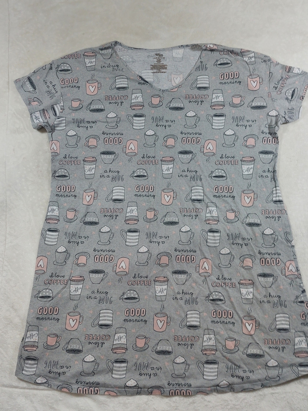 Secret Treasures Grey Tee/ Night Shirt with Pink Coffee Cup Print